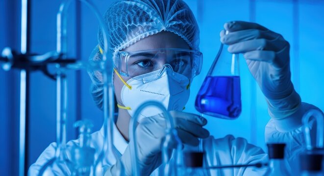 Female Scientist in Protective Gear Conducting Chemical Research with Blue Liquid in a Modern Laboratory Setting
