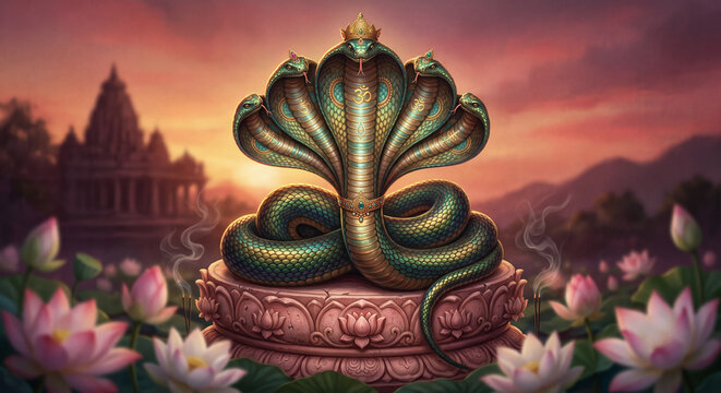Nag Devta Illustration for Nag Panchami Festival Poster, Divine Serpent Background
