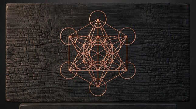 Elegant copper Metatron's Cube sacred geometry symbol on charred black wood texture for spiritual wall art and meditation decor.
