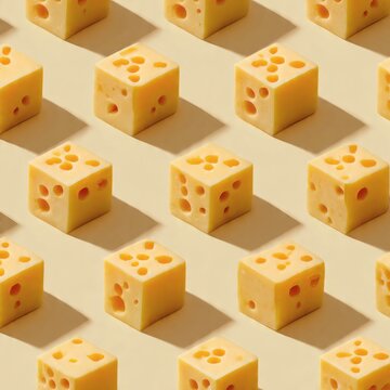 Cheese cubes with holes form a seamless geometric pattern on a beige background.