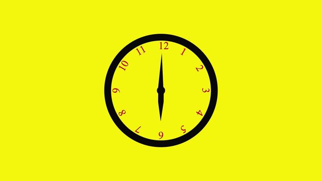 Minimalist analog clock face spinning fast on yellow background, for time lapse, concept watch motion