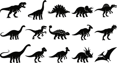 Collection of various dinosaur silhouettes in black on a white background. © jojo