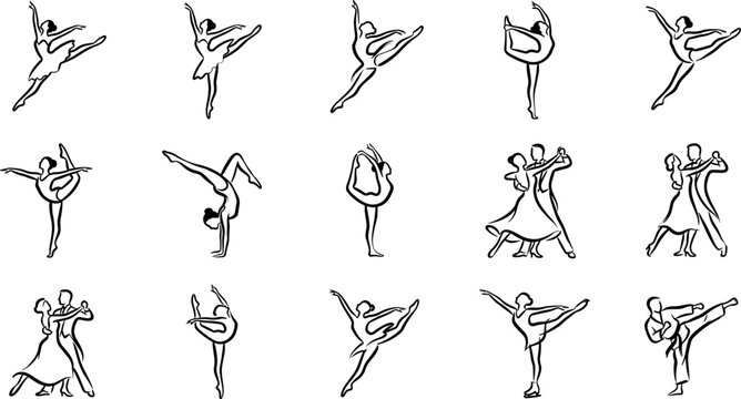 Collection of hand drawn sketches featuring various ballet dancers and ballroom couples in graceful poses.