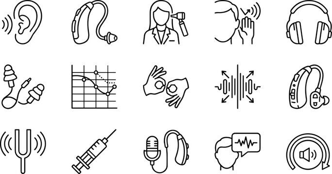 Set of hearing health and audiology line icons.