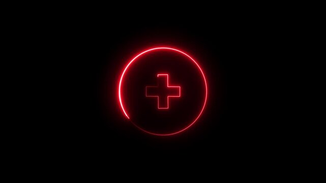 Glowing red neon plus sign inside a circle on a dark background showing a bright medical cross symbol for hospital healthcare and emergency service design elements for digital web media