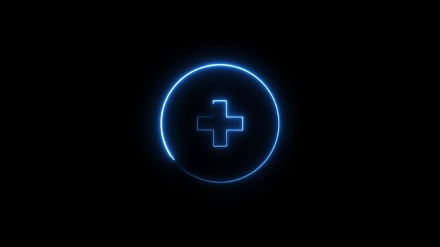 Glowing blue neon plus sign inside a circular frame with a bright light effect isolated on a black background for modern digital interface and app user experience design elements