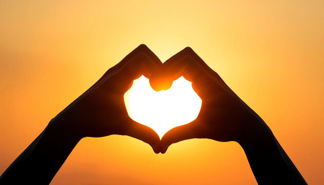 Heart shape hand silhouette against golden sunset sky, romantic love gesture at sunrise, warm orange glow framing finger heart symbol