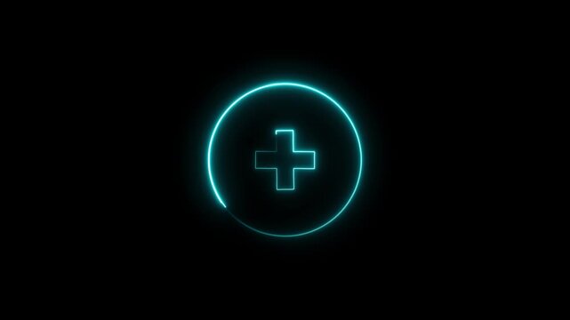 Glowing neon blue plus sign inside a circular frame isolated on a black background for digital interface design and technology user experience elements and web application graphics