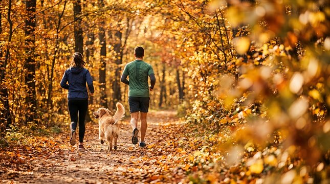 Active Couple and Dog Jogging Through a Beautiful Golden Autumn Forest Path