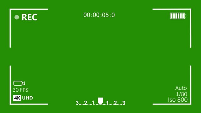 4k uhd camera recording overlay interface with green screen background, featuring digital viewfinder timecode, battery indicator, auto focus settings, and cinematic framing guides