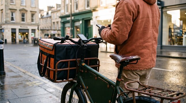 Delivery rider pausing on an urban street with cargo bicycle and food container