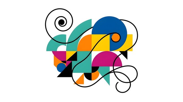 Creative abstract composition featuring colorful geometric shapes combined with bold flowing black curves. Modern minimalist illustration suitable for posters, branding, web design, presentations, pac