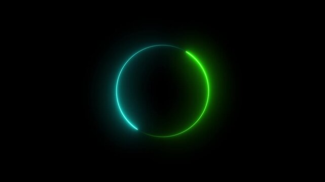 neon light trail circle on black background. Endless circular pattern . Glitter magic spell effect. Round circle picture frame with two tone neon color shade motion graphic on isolated black backgroun