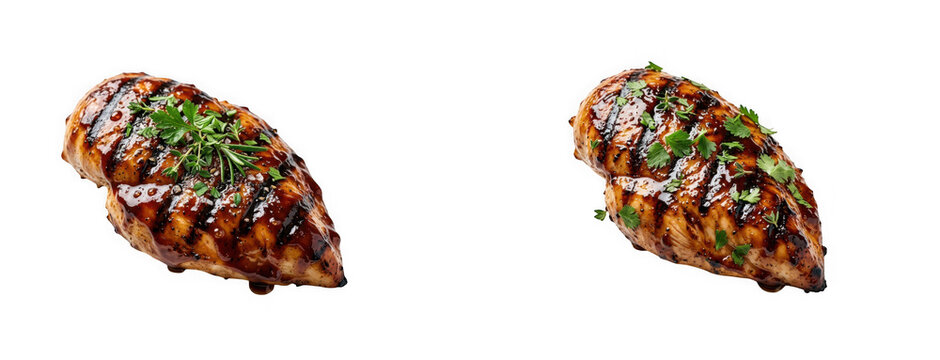 Two grilled chicken breasts with grill marks and fresh herbs isolated on transparent background