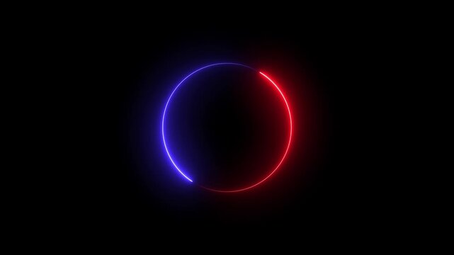 neon light trail circle on black background. Endless circular pattern . Glitter magic spell effect. Round circle picture frame with two tone neon color shade motion graphic on isolated black backgroun