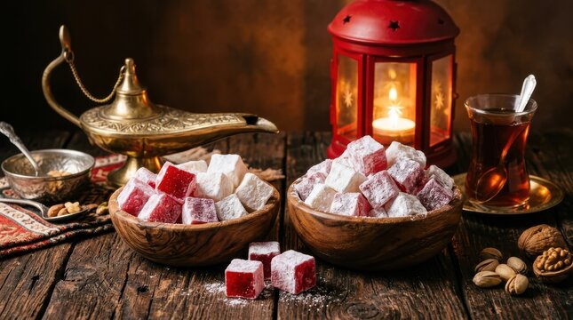 Traditional turkish delight in wooden bowls with tea and lantern