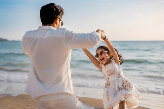 Father and Daughter Enjoying a Fun Day at the Beach During Sunset