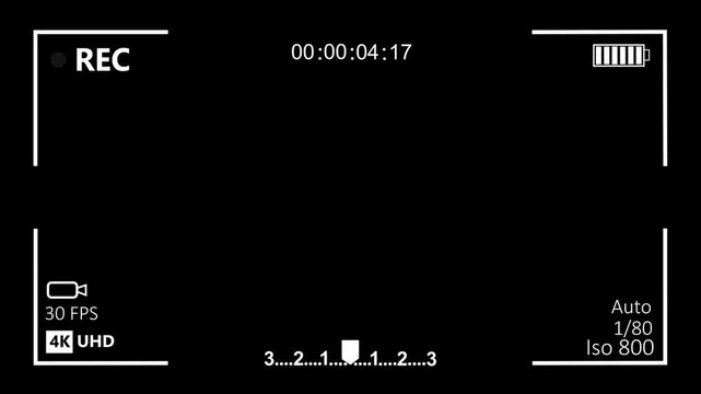 4 k digital camera recording overlay interface with real-time timecode, battery status, exposure meter, and frame rate settings for cinematic filmmaking and creative production projects