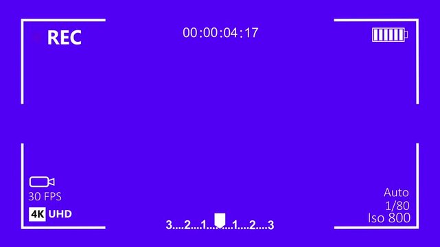 4k uhd camera recording interface overlay with chroma key blue screen background, featuring digital viewfinder hud, battery indicator, timecode, and exposure settings for seamless post-production