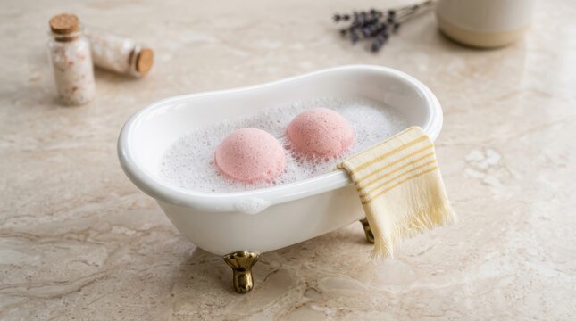 Two pink bath bombs in a miniature vintage clawfoot bathtub with bubbles