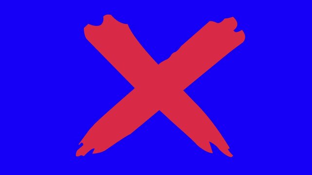 Hand-drawn red x mark symbol animated on a vibrant chroma key blue screen background, editing, overlaying, rejecting choices, denying options, or highlighting errors in creative projects