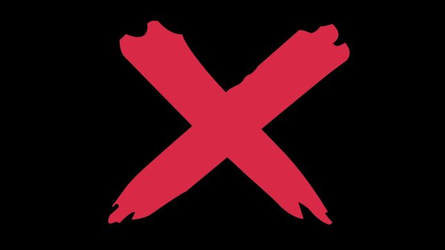 Hand-drawn red x mark symbol animated on a clean black background, rough grunge brush stroke style cross for rejection, error notification, deletion, or negative feedback visual