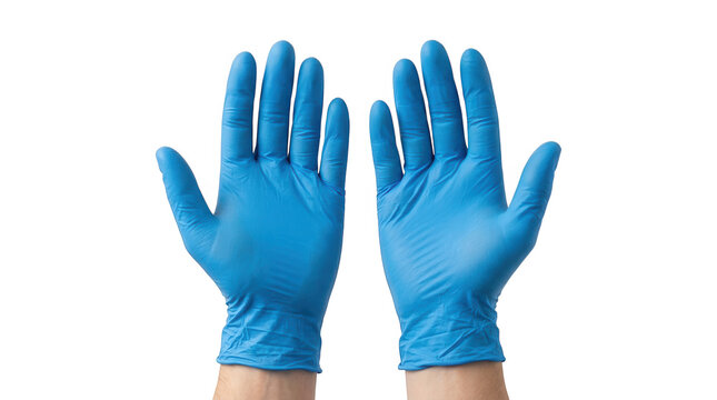 Pair of blue nitrile medical gloves worn on hands shown with palms facing forward