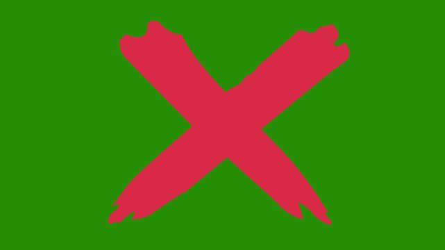 Vibrant red hand-drawn x mark symbol animated on a solid green screen background, for easy chroma, key compositing and, projects requiring negative, feedback or rejection