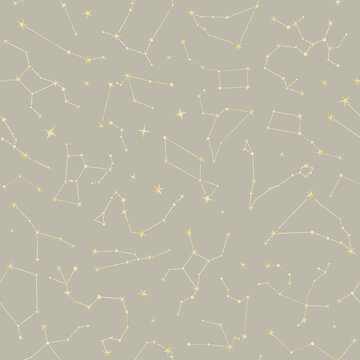 Starry sky seamless watercolor pattern with constellations on beige background. Celestial repeat for baby fabric, nursery wallpaper and wrapping paper. Childish backdrop for bed linen.