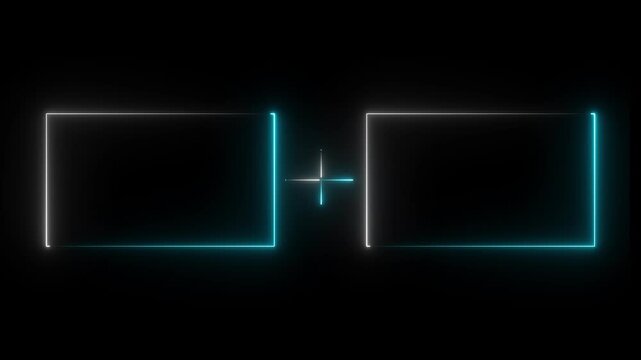 Two glowing neon rectangular frames with a plus sign in the middle representing addition or connection isolated on a dark background for modern technology digital design and user interfaces