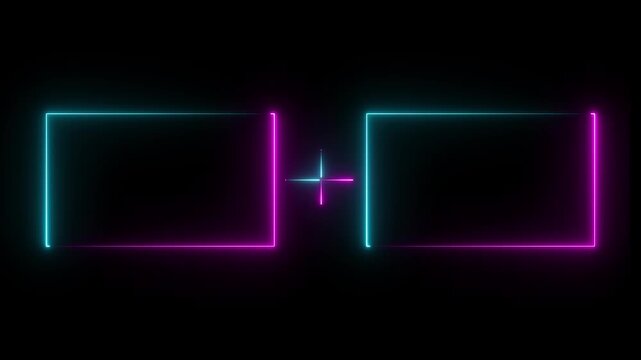 Two glowing neon rectangular frames with a plus sign in the middle in vibrant blue and purple colors on a dark background for modern digital design graphics and tech presentation overlays