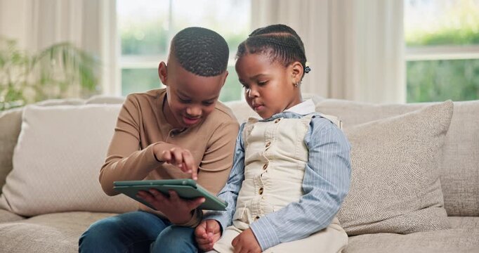 Happy, siblings and kids on sofa with tablet for online game, streaming and cartoon choice. Family, home and African children on tech for entertainment, digital subscription and internet on weekend