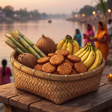 Chhath Puja Soop Basket Offering Illustration, Traditional Fruits Background