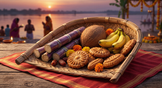 Chhath Puja Soop Basket Offering Illustration, Traditional Fruits Background