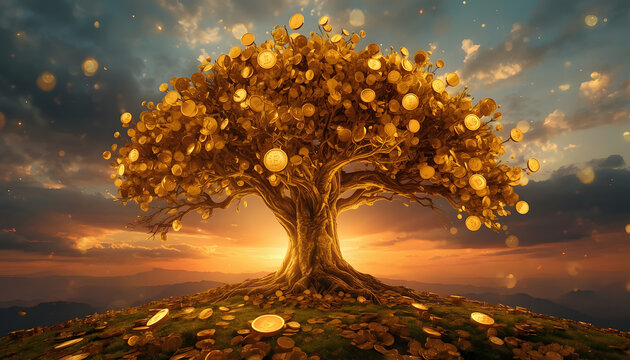 Ancient tree growing entirely from golden stock charts, branches made of candlestick patterns, glowing coins as leaves, dramatic sunrise, cinematic realism, luxurious financial symbolism, ultra-detail