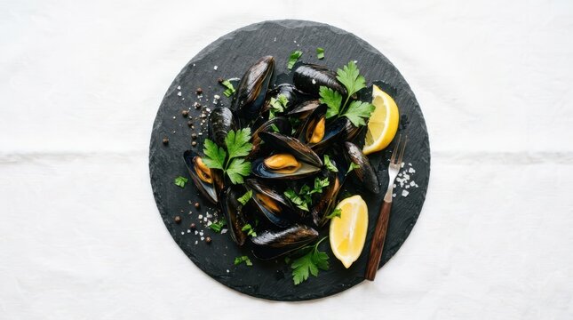 Top view of fresh mussels with parsley, lemon wedges, and black pepper on a black slate plate