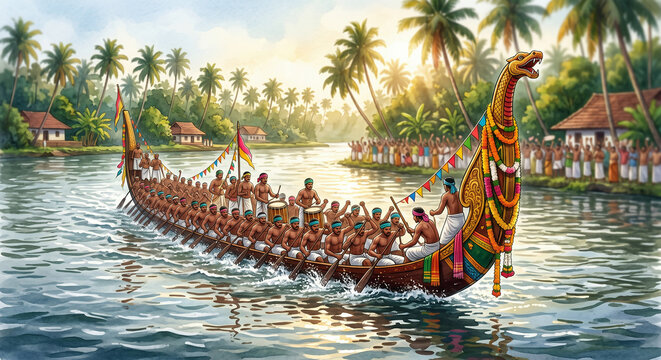 Vallamkali Snake Boat Race Illustration, Onam Festival River Background