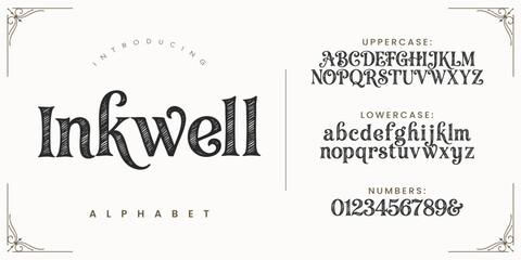 Fototapeta premium Inkwell traditional literary serif font with artistic calligraphic curved lines for editorial publication headers