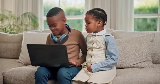 Share, siblings and children on sofa with laptop for online movies, streaming and watching cartoon. Family, happy and African kids on computer for internet, subscription and videos on weekend in home