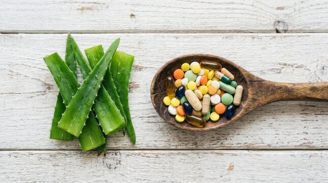 Fresh aloe vera leaves and a wooden spoon filled with various colorful pills and capsules