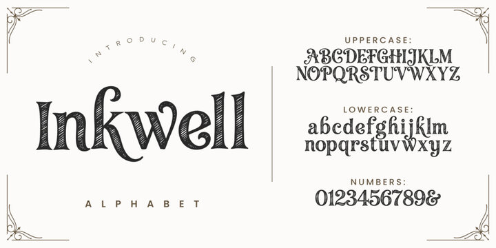 Inkwell traditional literary serif font with artistic calligraphic curved lines for editorial publication headers