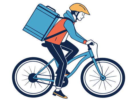 Delivery man riding bicycle with large box vector illustration fast food delivery courier on bike concept