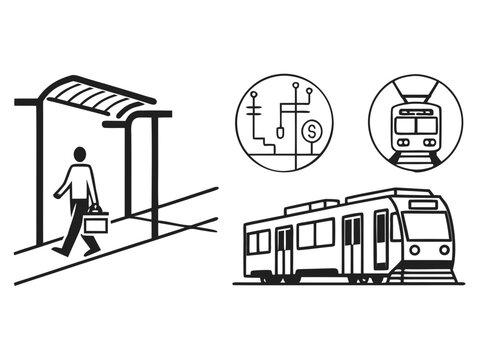Public transportation icons set train station, subway map, and train