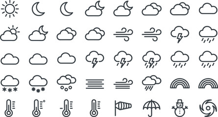 Obraz premium Set of outline weather icons for meteorology and climate forecasting.
