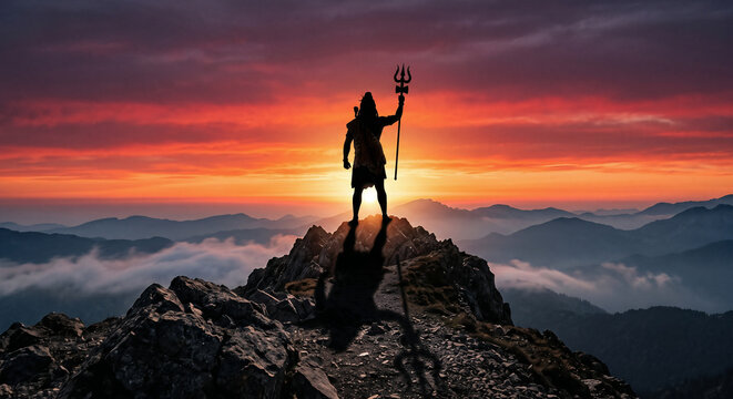 Lord Shiva Silhouette Standing on Mountain Peak at Sunset, Powerful Mahadev Illustration