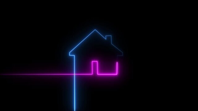 Animated neon outline home icon with glowing line style on dark background. 4k animation motion graphics video. Neon line Cool linear animated.
