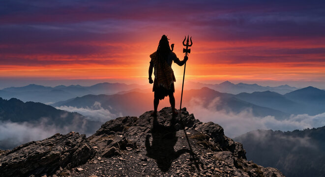 Lord Shiva Silhouette Standing on Mountain Peak at Sunset, Powerful Mahadev Illustration