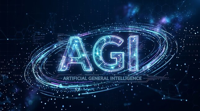 Futuristic artificial general intelligence agi concept with digital neural network and binary code background