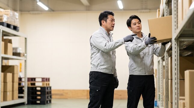 物流倉庫で商品の棚入れ指導を受ける日本人男性の物流作業員