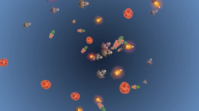 Animated background with floating fire cacti and orange planet spheres